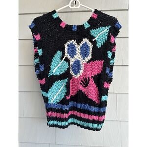 Vintage 80s Sheridan Unique Knit Sweater Vest Floral Graphic Made in‎ Korea M